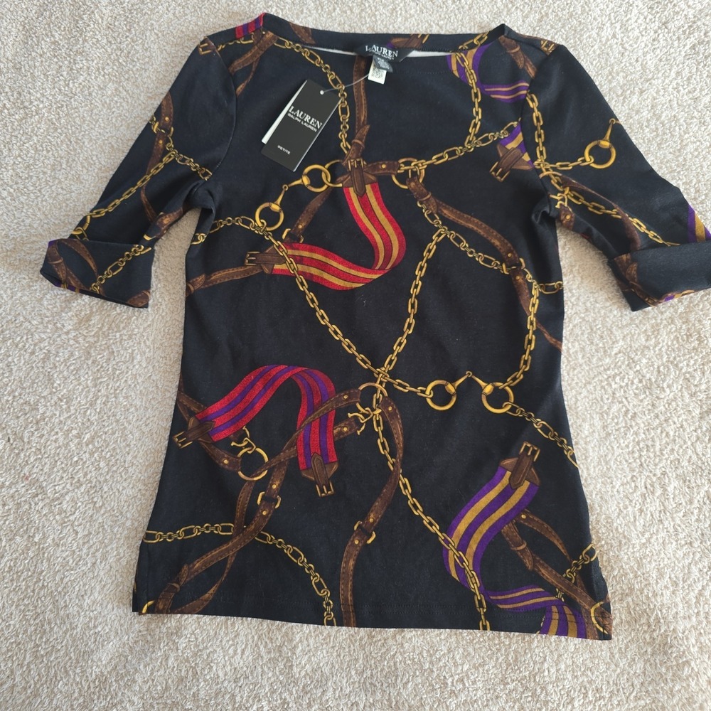 Lauren Ralph Lauren Equestrian Print T-Shirt‎ Riding Black Women's Petite S NWT